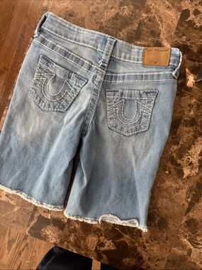 True Religion Light Blue Denim Bermuda Shorts with Signature Back Pockets